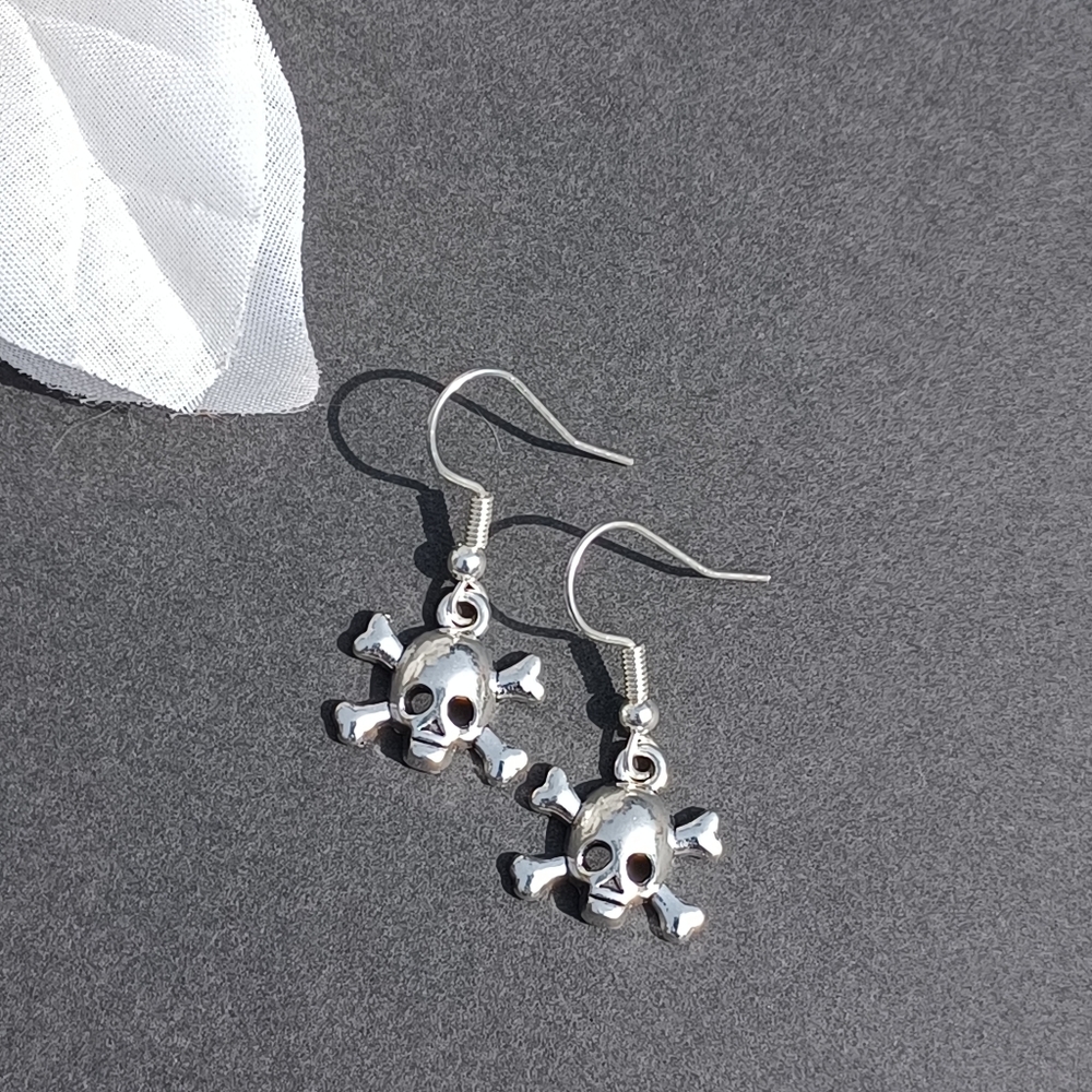 Silver Skull And Cross Bone Handmade Earrings